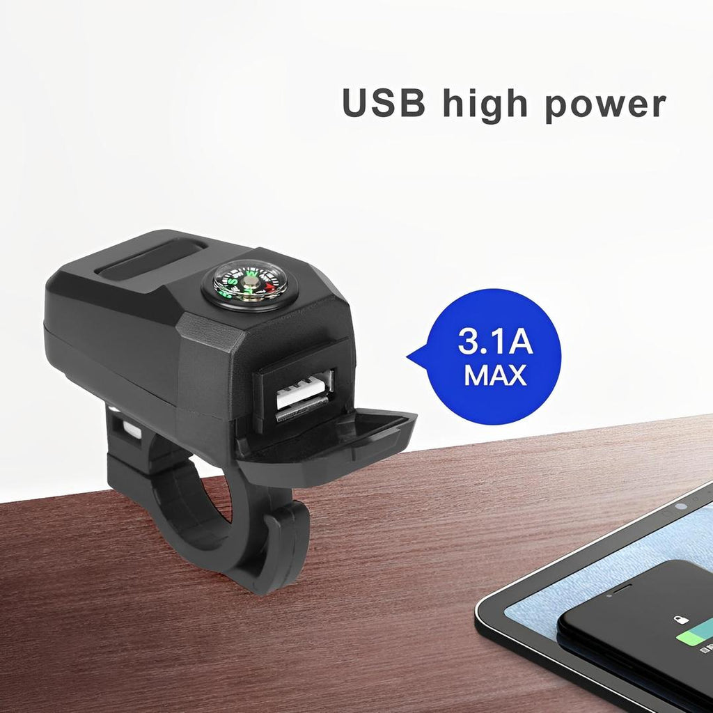 USB Fast Charger with Compass Black Motorcycle