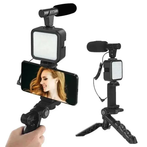 AY-49 Vlogger Kit with Mic Light Tripod Remote Black