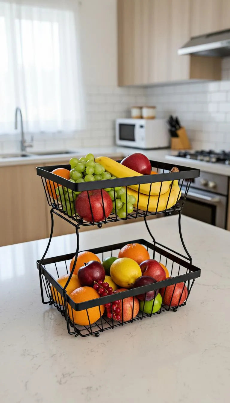 2-Tier Black Stainless Steel Fruit Basket for Kitchen Countertop