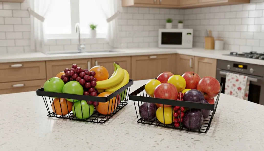 2-Tier Black Stainless Steel Fruit Basket for Kitchen Countertop