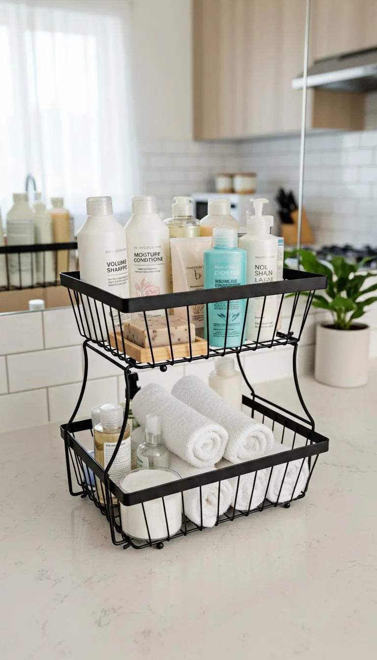 2-Tier Black Stainless Steel Fruit Basket for Kitchen Countertop