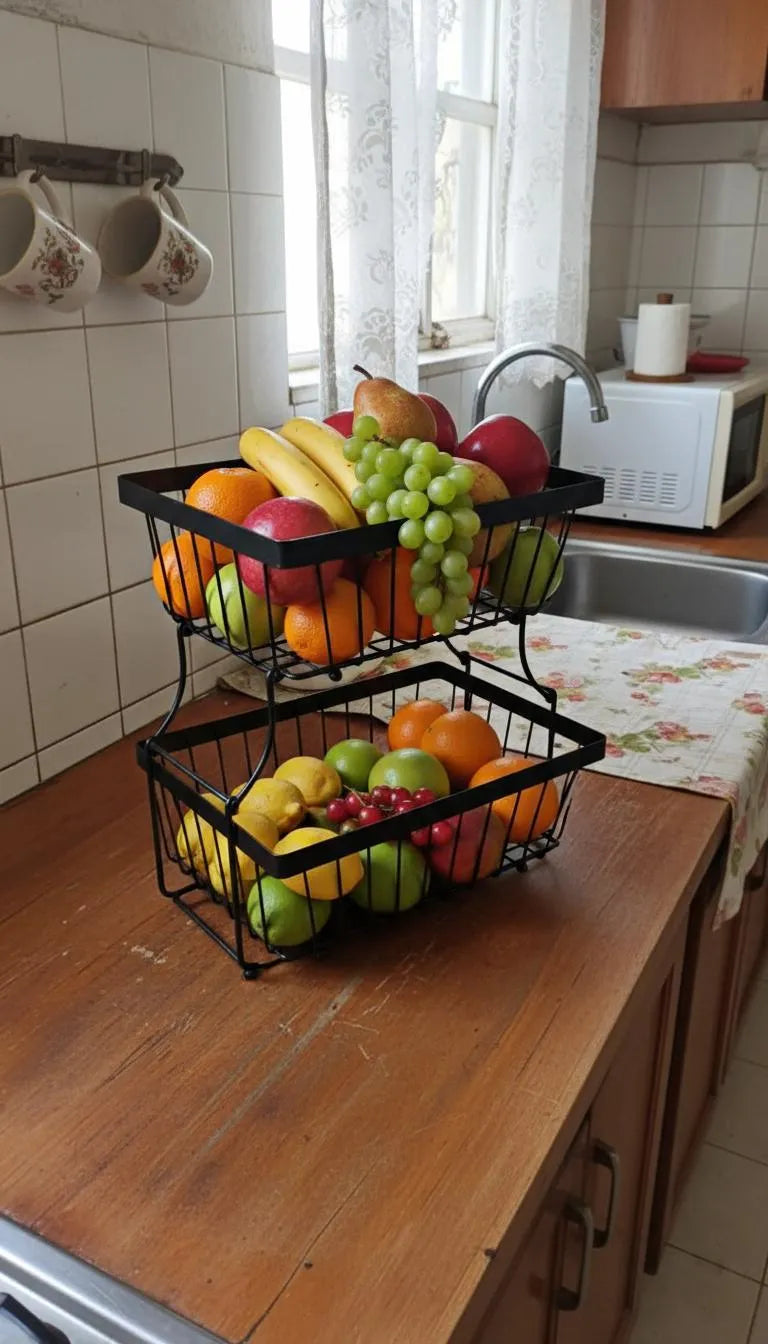 2-Tier Black Stainless Steel Fruit Basket for Kitchen Countertop