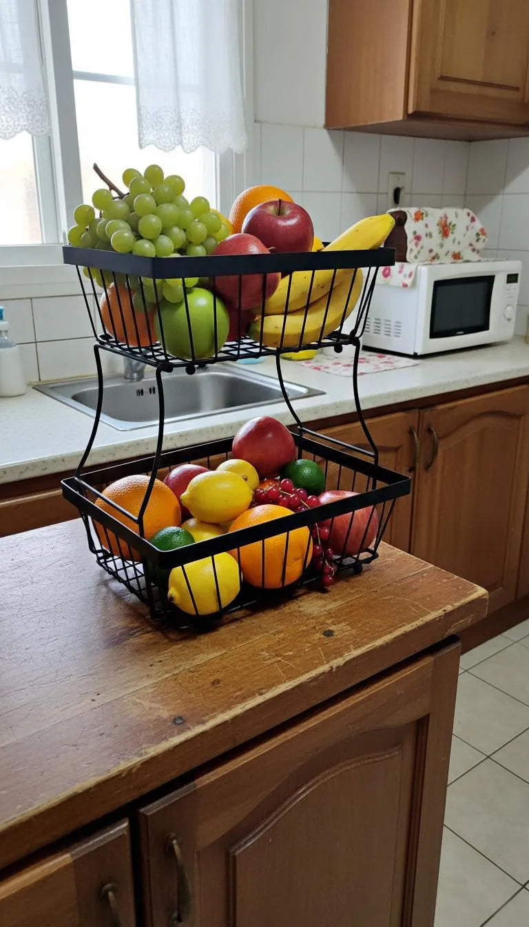 2-Tier Black Stainless Steel Fruit Basket for Kitchen Countertop